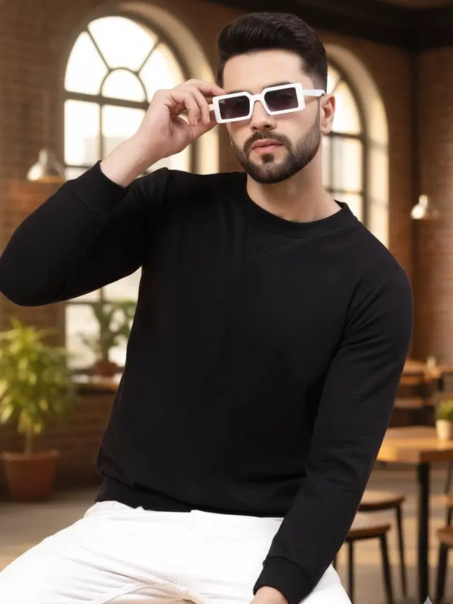 Fleece Solid Sweatshirt For Men, Black (M)