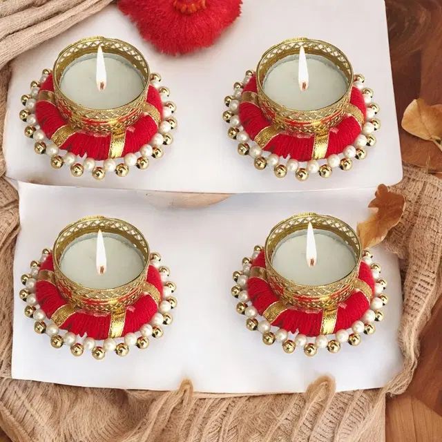 Metal Designer Tealight Candle Holder, Red, 7.8x7.8x3 cm, Pack of 4