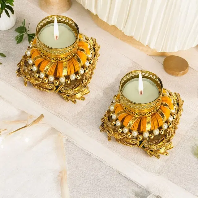 Metal Designer Tealight Candle Holder, Yellow, 9.5x9.5x4 cm, Pack of 2