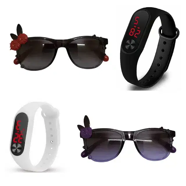 UV Protected Sunglass with Digital Watch for Boys & Girls, Set of 4 (Multicolor)