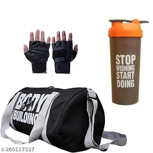 Combo of Gym Bag with Shaker Bottle, 400 ml, Gloves, Multicolor, Set of 3