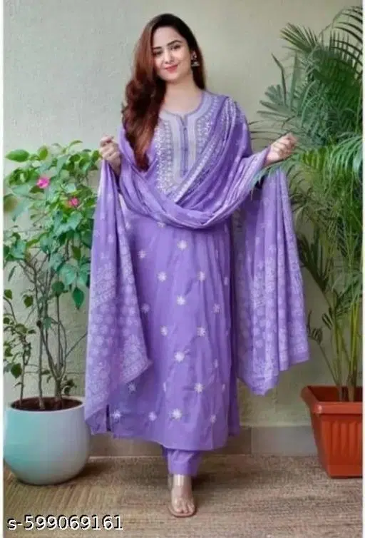 Floral A-line Kurta Set for Women (Purple, M)