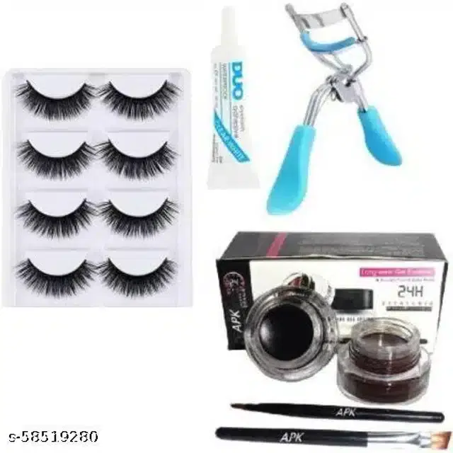 False Eyelashes, 4 Set with Glue & Eyelash Curler & 2 Pcs Gel Eyeliner with 2 Pcs Brushes, Multicolor, Set of 5