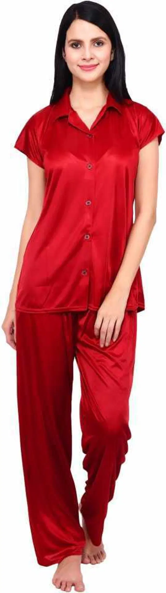 Satin Solid Nightsuit Set for Women (Red, Free Size)