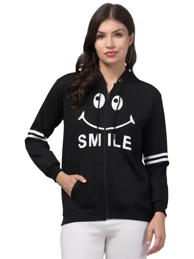 Full Sleeves Printed Hoodie for Women (Black, L)