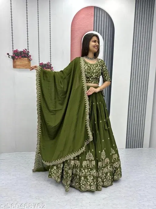 Embroidered Lehenga Choli for Women (Mehndi, Free Size)