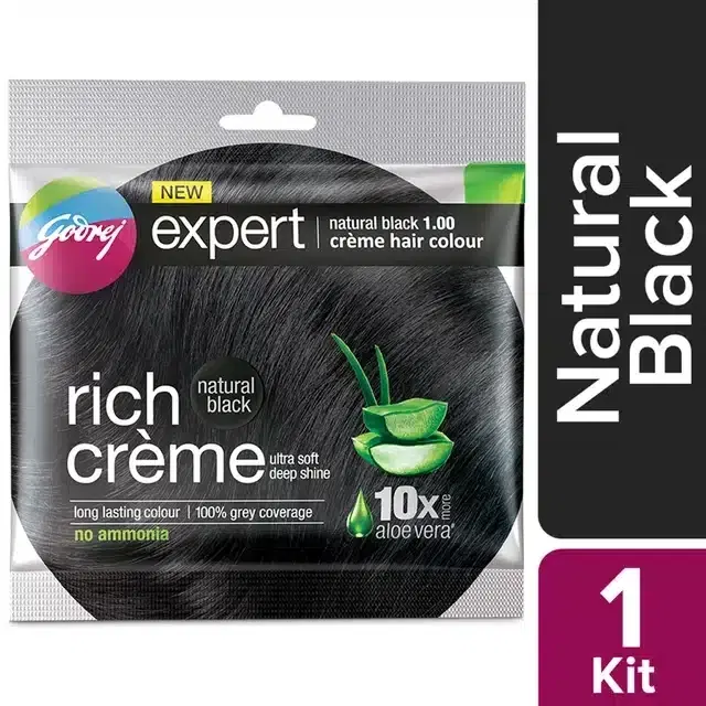Godrej Expert Rich Crème Hair Colour For Women & Men – (Natural Black Shade) (1.00) 20 g + 20 ml + 2 ml