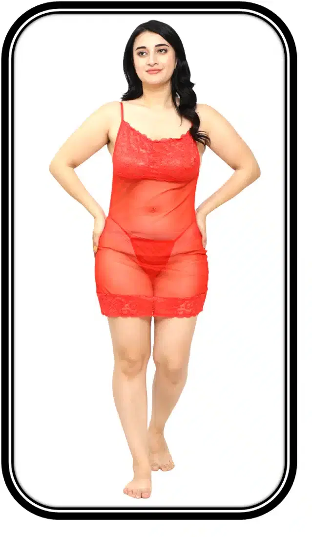 Net Babydoll Set for Women (Red, L)