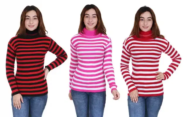 Full Sleeves Striped Sweater for Women, Pack of 3 (Multicolor, S)
