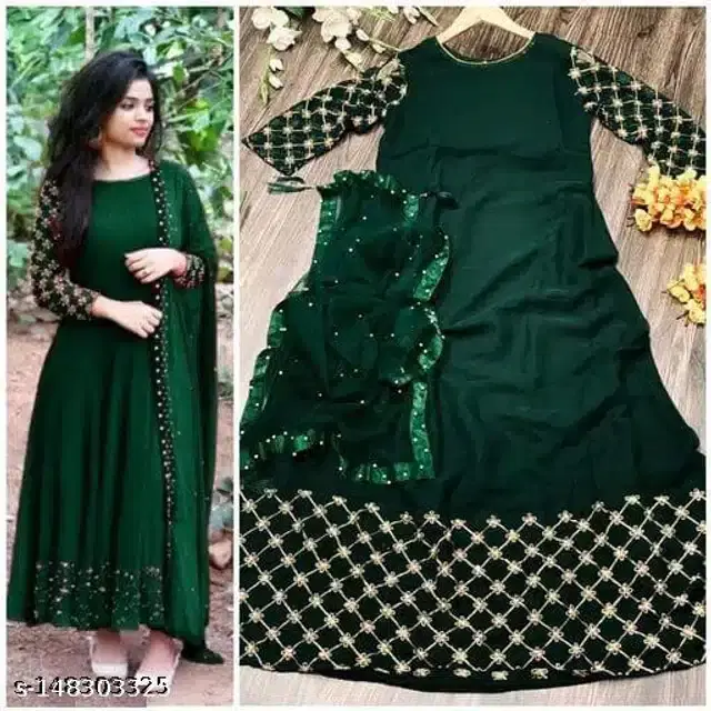 Women's Solid Anarkali Gown (Green, M)