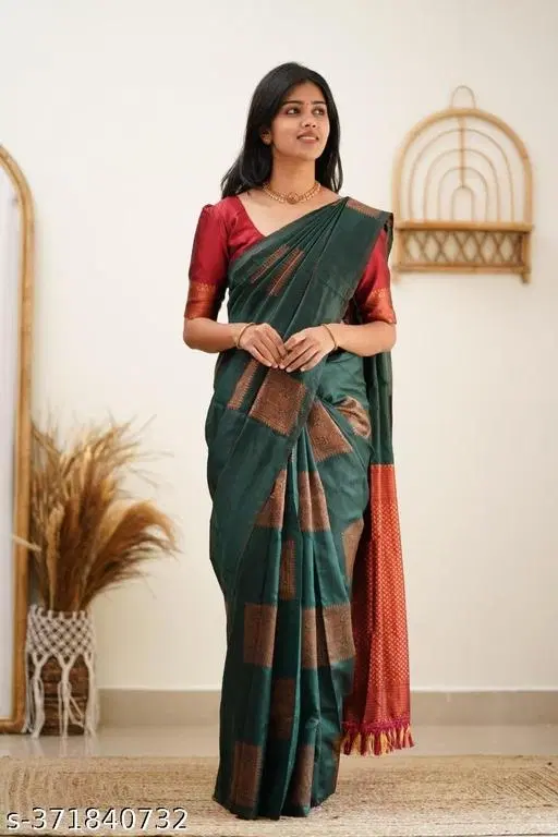 Soft Silk Saree for Women (Green, Free Size)