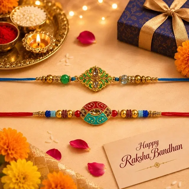 Golden Blue Moti Rakhi Combo Pack of 2