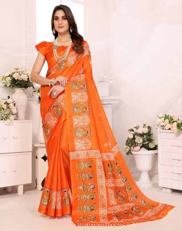Kalamkari Printed Assam Silk Art Silk Saree for Women (Orange, Free Size)