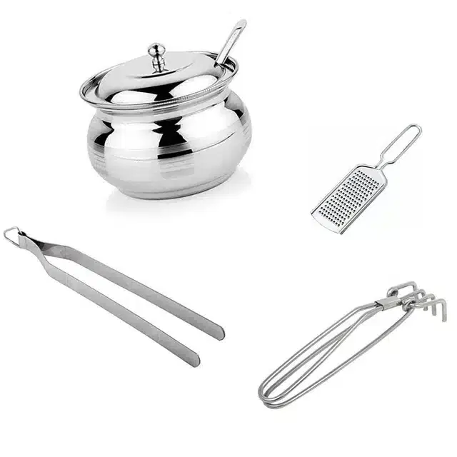 Stainless Steel Cheese Grater, Pakad, Chimta & Ghee Pot with Spoon, 250 ml, Combo of 4