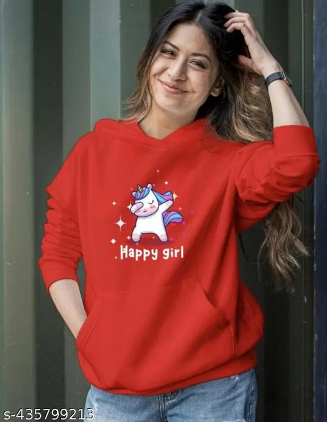 Fleece Printed Hoodie for Women (Red, S)