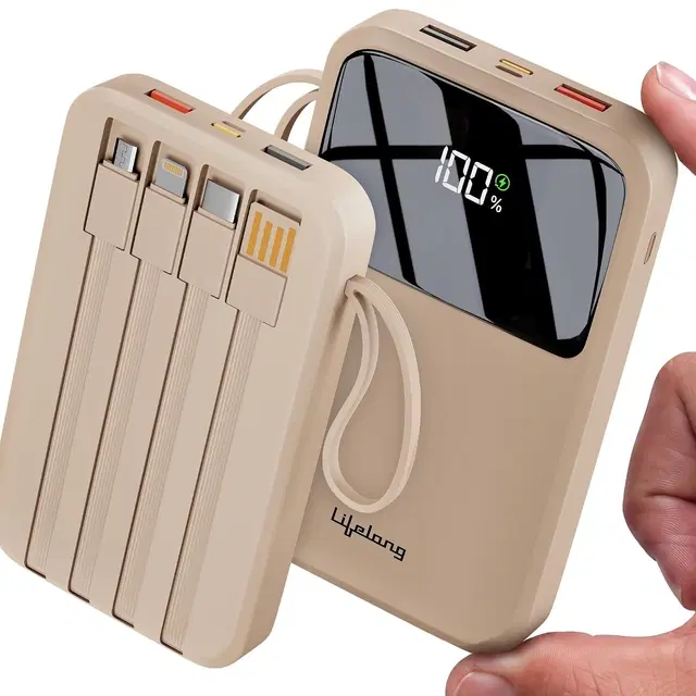 Lifelong Electronics 10000mAh 22.5W Fast Charging Power Bank, 4 Cables Attached (Type A, B, C, Lightning), 4 Output Ports, Small Pocket Size (llpbva13)