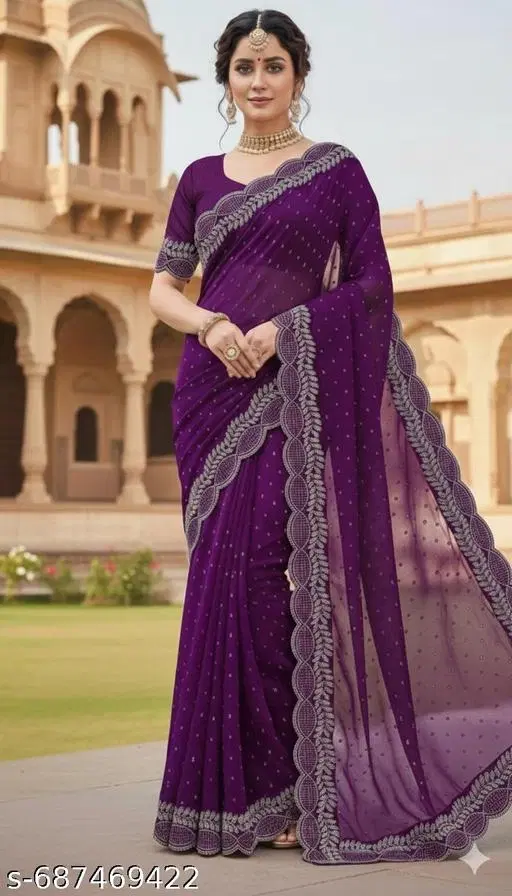 Georgette Embellished Saree For Women, Purple