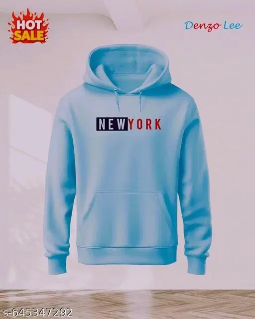 Fleece Printed Hoodie for Men, Aqua Blue (S)