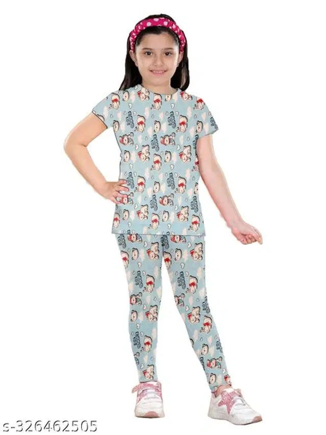 Polycotton Nightsuit for Girls (Sky Blue, 1-2 Years)