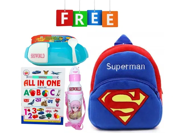 Combo of Fabric School Bag, Water Bottle, Lunch Box with All in One Book for Kids, Multicolor, Set of 4