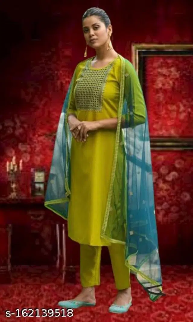 Cotton Blend Embroidered Kurta with Pant & Dupatta for Women (Multicolor, S)