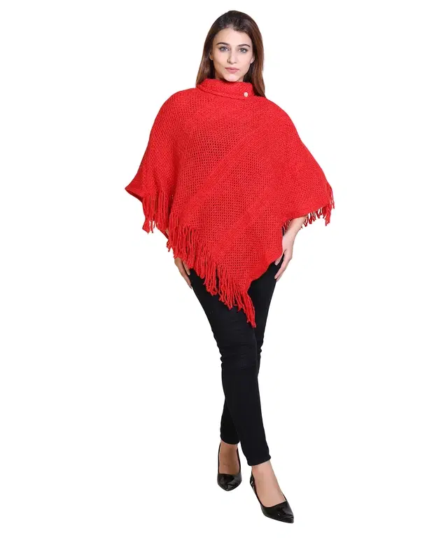 Woolen Self-Design Ponchos for Women (Red, M)