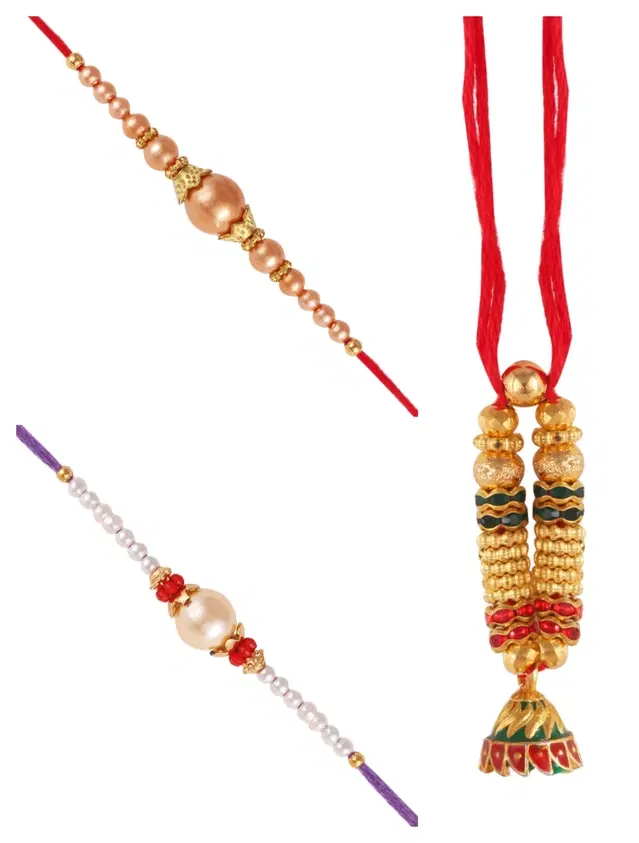 Designer Rakhi with Pearls Lumba for Rakshabandhan, Multicolor, Pack of 3