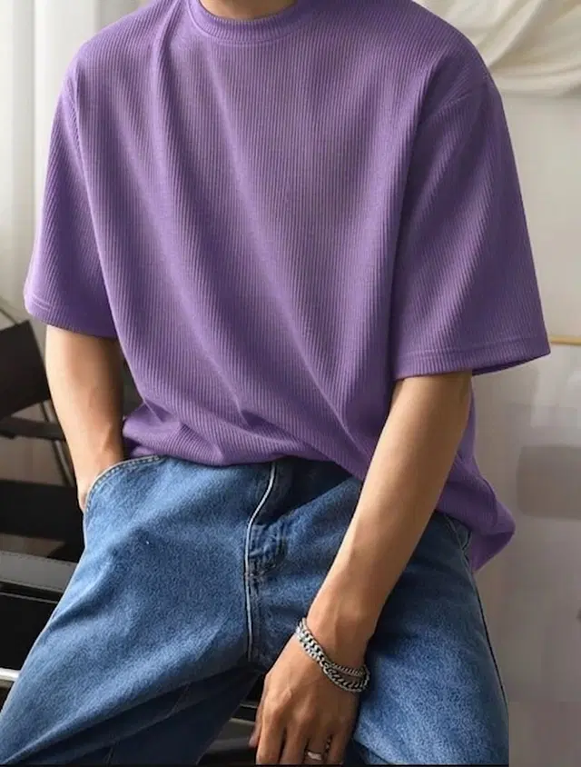 Ribbed Knit Oversized T-shirt for Men (Lavender, M)