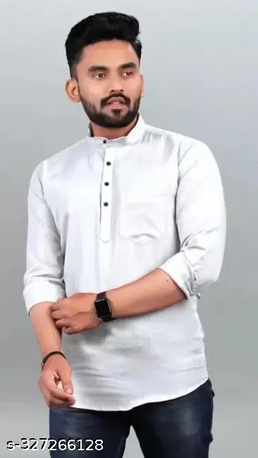 Cotton Blend Solid Short Kurta for Men, White (L)
