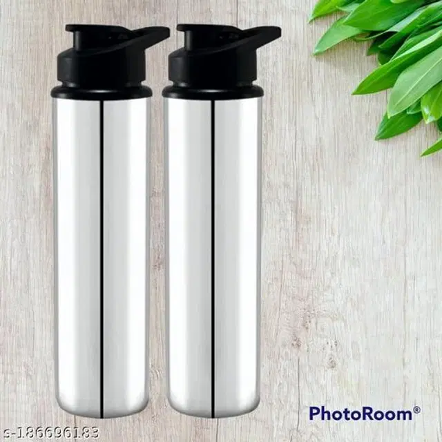 Stainless Steel Sports Water Bottles, Pack of 2, Silver, 1000 ml