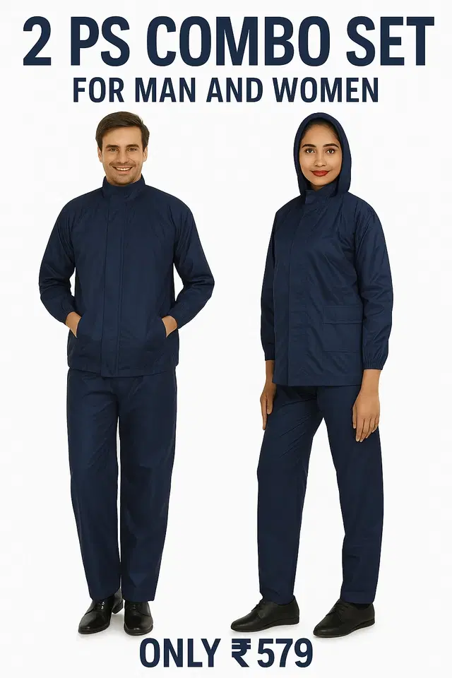 Polyester Rain Suit for Men & Women (Navy Blue, XXL) (Set of 2)