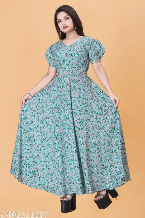 Maxi Floral Printed One Piece Dress (Green, S)