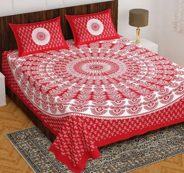 Cotton Rajasthani Jaipuri Double Bedsheet with 2 Pillow Covers, Multicolor, 90x100 inches