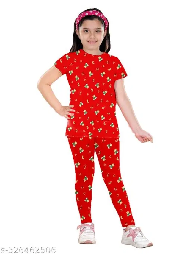 Polycotton Nightsuit for Girls (Red, 1-2 Years)