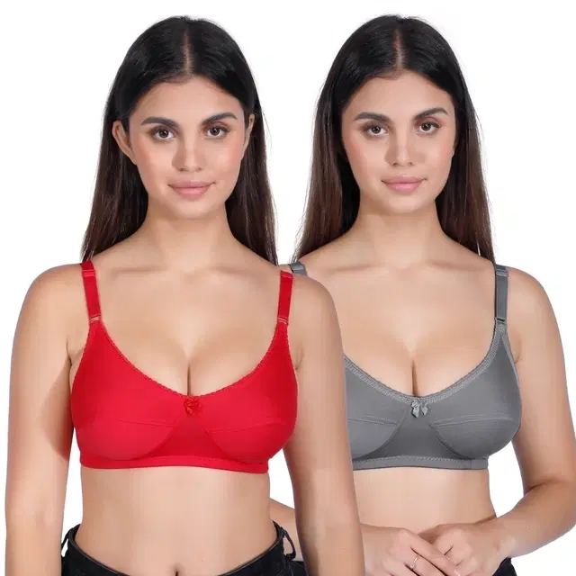 Proleaf Poly spandex Non Padded bra for women, Carrot & Grey, Pack of 2 (32 A)