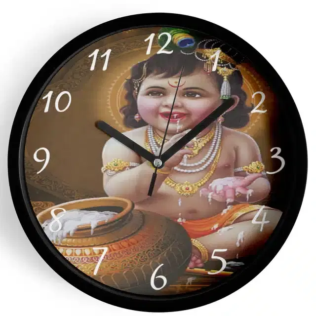 Analog Lord Krishna Wall Clock for Home, Black, 7 Inches