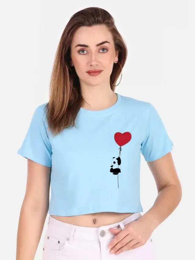 Cotton Blend Printed Top for Women (Aqua Blue, S)