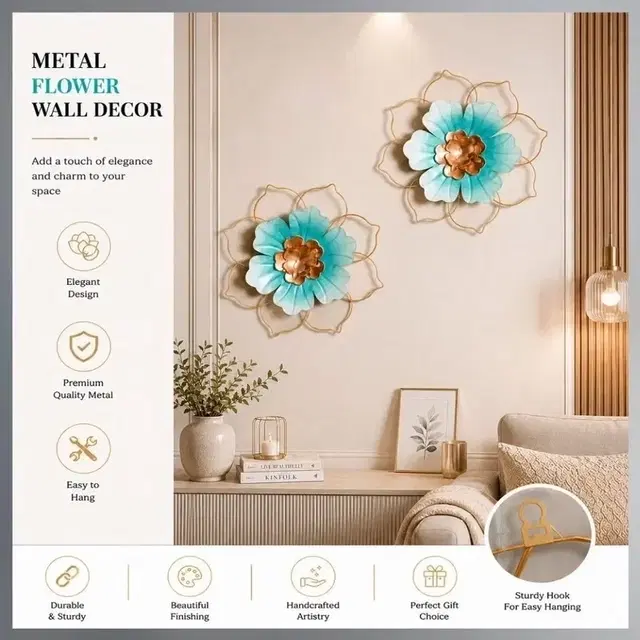 Modern Metal Floral Wall Hanging For Home & Office Décor Set Of 2 Aqua & Copper 27x26x5cm