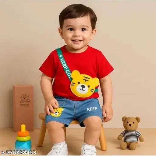 Hosiery Cotton & Denim Printed Clothing Set for Kids, Red & Blue (18-24 Months)