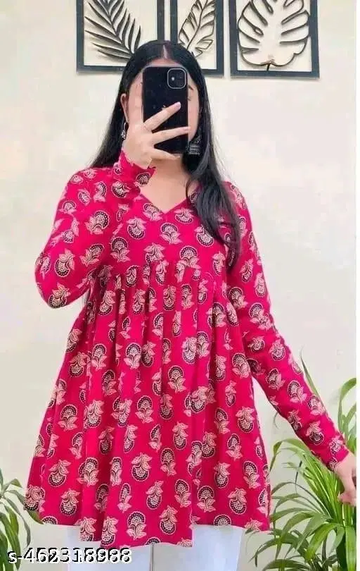 Rayon Printed Short Kurti for Women, Pink (S)