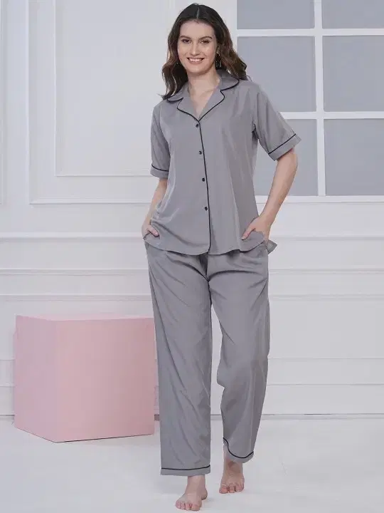 Satin Nightsuit for Women (Grey, L)