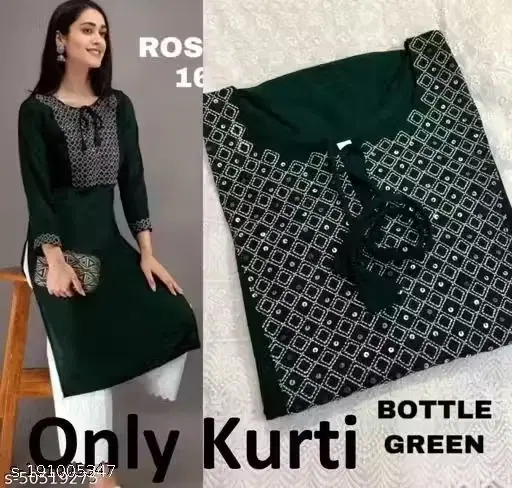 Rayon Embroidered Kurti for women, Green (L)