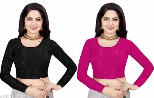 Lycra Ready Made Blouse for Women, Pink & Black, Pack of 2 (26)