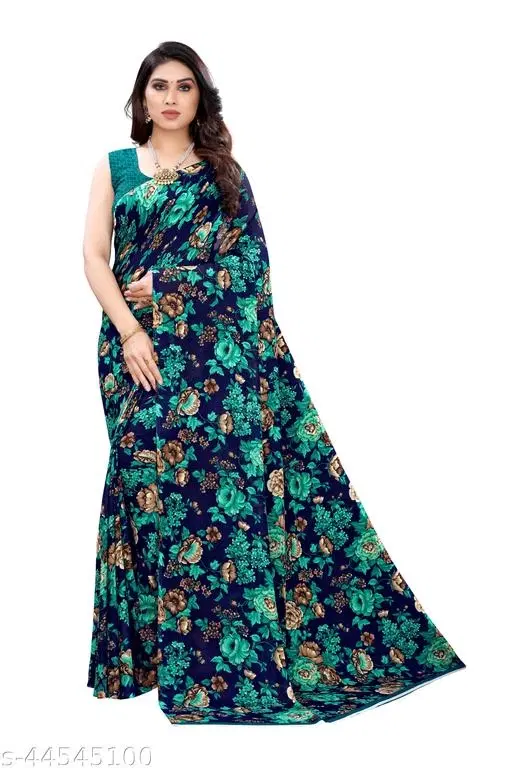 Georgette Printed Saree for Women, Black & Green (6.3 m)