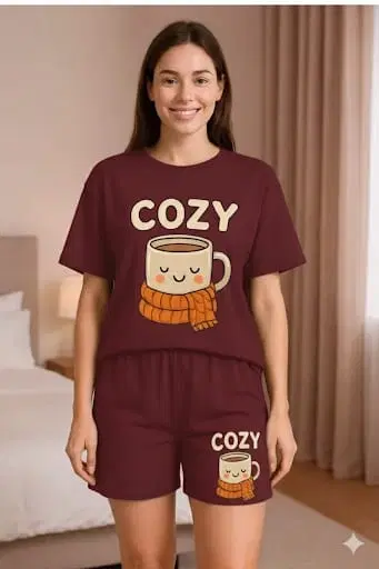 Cotton Blend Printed Top & Bottom Set for Women, Maroon (XS)