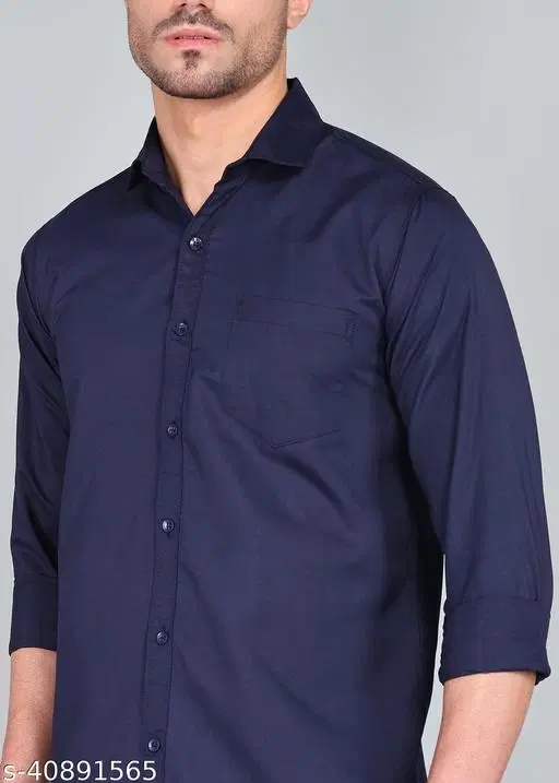 Cotton Blend Solid Shirts for Men, Navy Blue (XL)