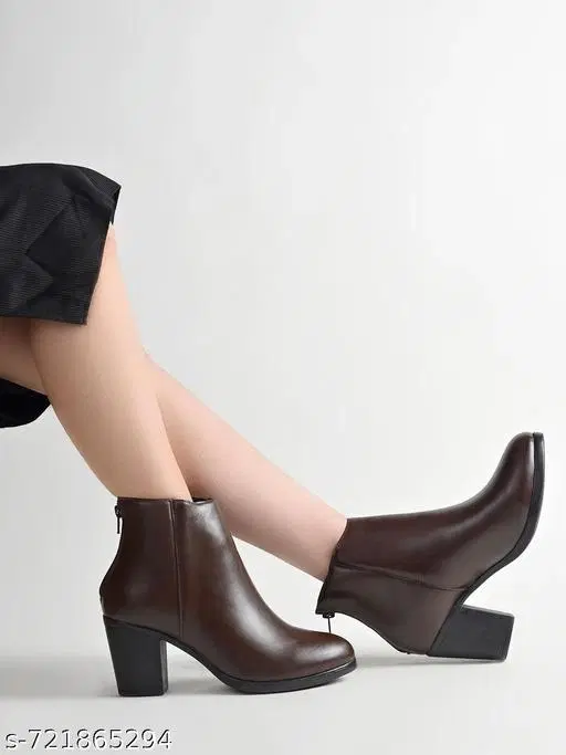 Shoetopia Synthetic Block Heeled Boots Brown IND-3