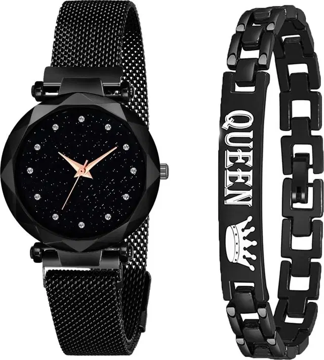 Metal Strap Analog Watch with Bracelet for Women & Girls, Set of 2 (Multicolor)