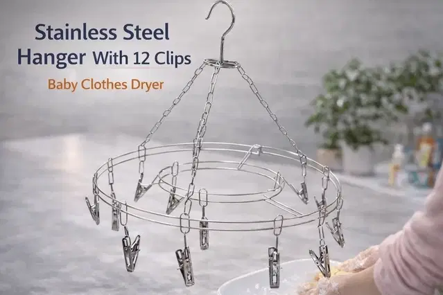 Stainless Steel Hanger with 12 Clips Baby Clothes Dryer