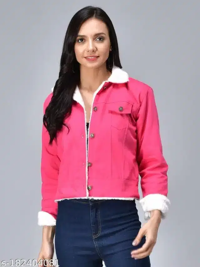 Denim Solid Full Sleeves Jacket for Girls (Pink, 8-9 Years)